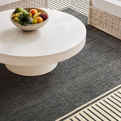 nuLOOM 6'7" Round Outdoor Area Rug, Casual Design With Striped Border, Stain Resistant, Highly Durable, For Patio, Balcony, Bedroom, Living Room, Dining Room, Bathroom, Dark Grey