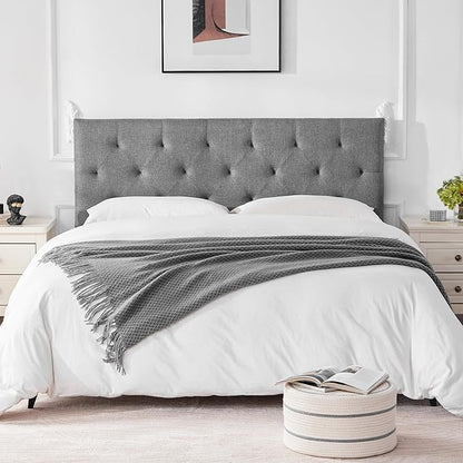 Linen Upholstered Headboard Full Size, Modern Diamond Tufting Solid Wood Full XL Headboard Only, Adjustable Height from 37” to 51” Head Board, Bed Frame or Wall Mount Headboards, Light Grey