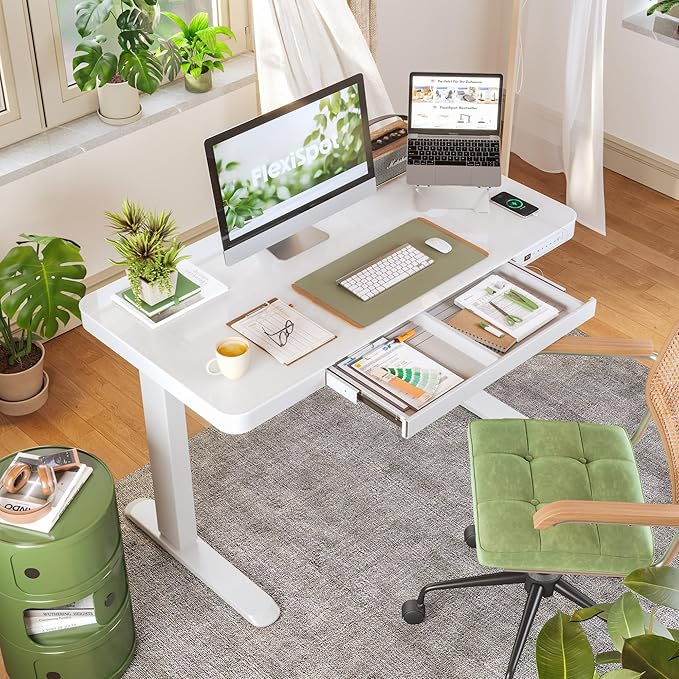 FLEXISPOT Electric Pure Glass Standing Desk with Drawer Desktop & USB Charge Ports, 48" Ergonomic Height Adjustable Sit to Stand Desk for Home Office (White, Glass)