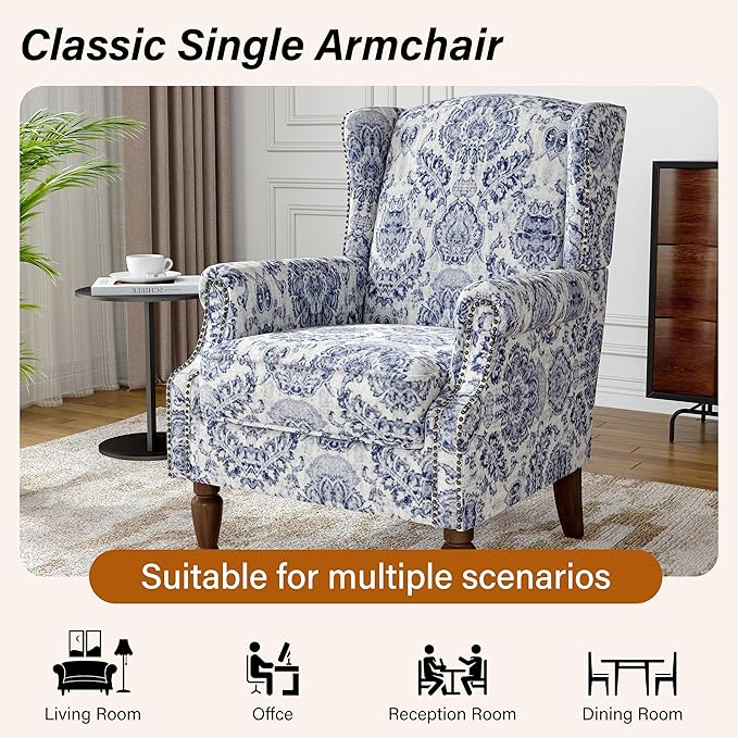 Wingback Accent Chairs Set of 2, High Back Upholstered Armchair, Printed Fabric Wingback Arms Chairs with Wood Legs, Single Sofa Reading Chair for Bedroom Living Room, Navy