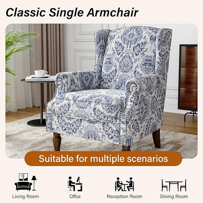 Wingback Accent Chairs Set of 2, High Back Upholstered Armchair, Printed Fabric Wingback Arms Chairs with Wood Legs, Single Sofa Reading Chair for Bedroom Living Room, Navy