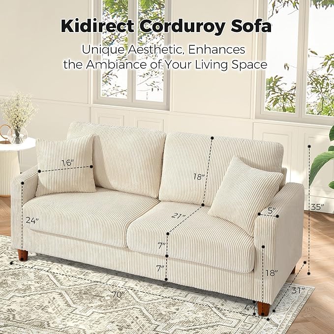 70in Corduroy Couch, Kidirect Sofa No Tool Assembly, Comfy Couches for Living Room 21in Deeper Seats, Corduroy Sofas for Living Room with 2 Pillows, Oversized Loveseat Sofa, Boho Love Seat Beige Couch