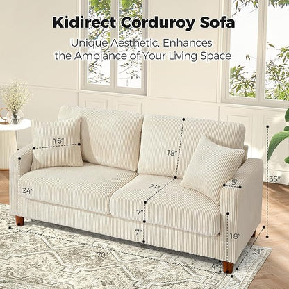 70in Corduroy Couch, Kidirect Sofa No Tool Assembly, Comfy Couches for Living Room 21in Deeper Seats, Corduroy Sofas for Living Room with 2 Pillows, Oversized Loveseat Sofa, Boho Love Seat Beige Couch