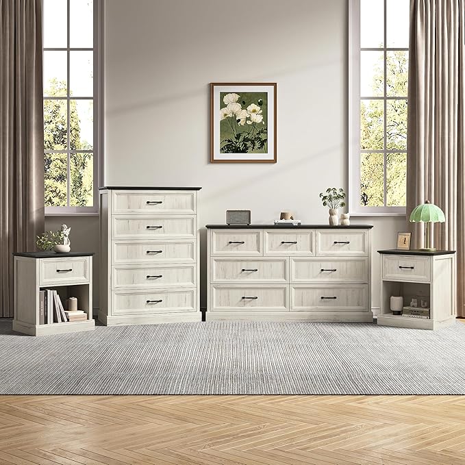 Farmhouse Dresser and Nightstand Sets, 4Pcs Bedroom Furniture Set, Nightstand Set of 2 & 55" Wide 7 Drawer and 44" Tall 5 Drawer Dresser with Large Drawers & Bar Handles, White