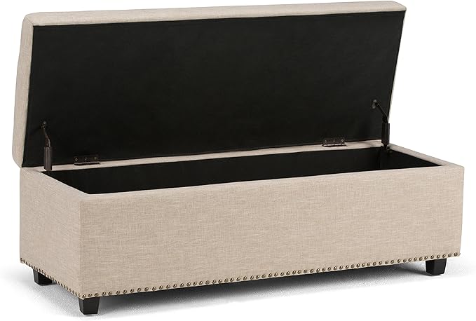 SIMPLIHOME Hamilton 48 inch Wide Transitional Rectangle Storage Ottoman in Natural Linen Look Fabric, Assembled, For the Living Room, Entryway and Family Room