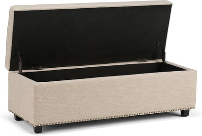 SIMPLIHOME Hamilton 48 inch Wide Transitional Rectangle Storage Ottoman in Natural Linen Look Fabric, Assembled, For the Living Room, Entryway and Family Room