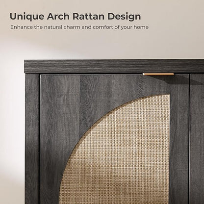 SICOTAS 68" W Rattan Sideboard Buffet Cabinet with Storage Set of 2, Modern Credenza with Arch Doors & Shelves, Boho Coffee Bar Media Console Cabinets for Kitchen, Living Room, Entryway, Black Oak