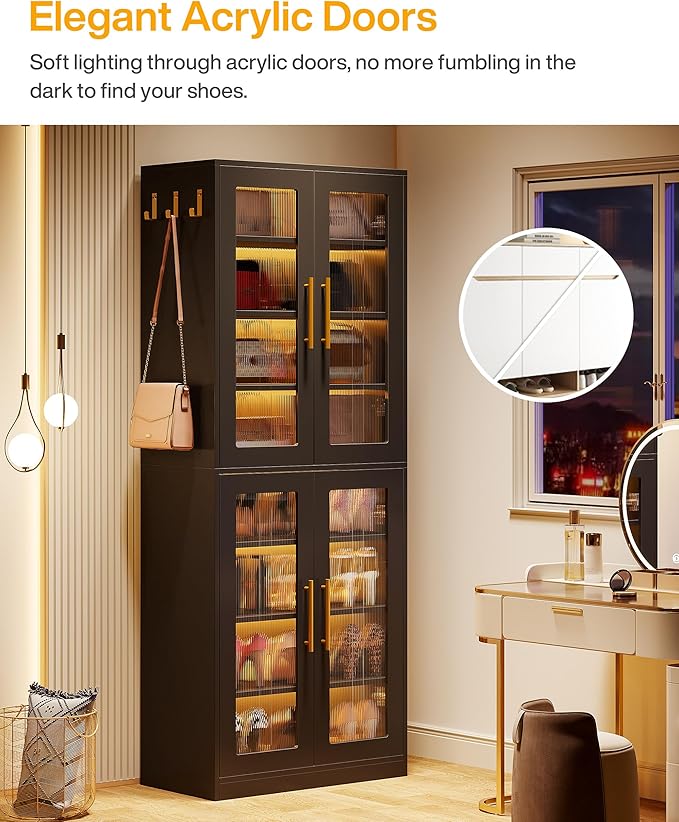 Tribesigns Tall Shoe Storage Cabinet with Acrylic Doors and LED Lights, 8-Tier Shoe Organizer Rack with Adjustable Shelves & Hanging Hooks for Narrow Closet, Hallway, Living Room, Black (Set of 2)
