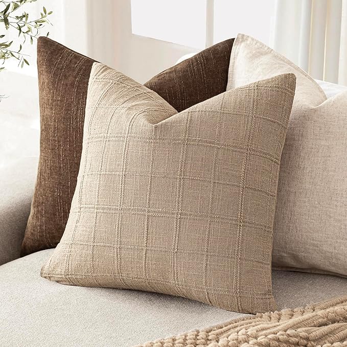 Foindtower Set of 2 Decorative Linen Check Throw Pillow Covers Neutral Farmhouse Vintage Cushion Covers Modern Coastal Boho Home Decor for Sofa Chair Couch Bedroom Living Room,24×24 Inch,Camel
