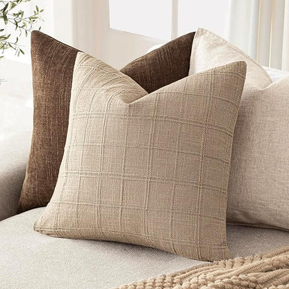Foindtower Set of 2 Decorative Linen Check Throw Pillow Covers Neutral Farmhouse Vintage Cushion Covers Modern Coastal Boho Home Decor for Sofa Chair Couch Bedroom Living Room,16×16 Inch,Camel