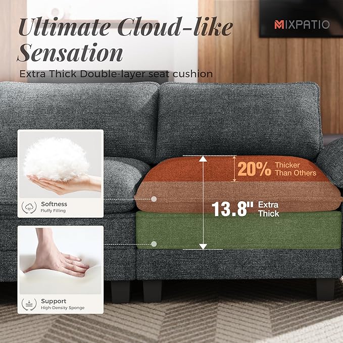 L-Shaped Cloud Modular Sofa Set, 4-Piece Double Loveseat Sectional w/Deep Seat & Removable Arms, Plush Chenille for Living Room - Cyan