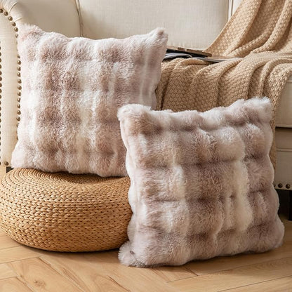 Pack of 2 Thick Plush Throw Pillow Covers Fluffy Wave Faux Fur Decorative Cushion Covers Soft Wool Pillowcase for Sofa Couch Livingroom 18x18 Inch White Taupe