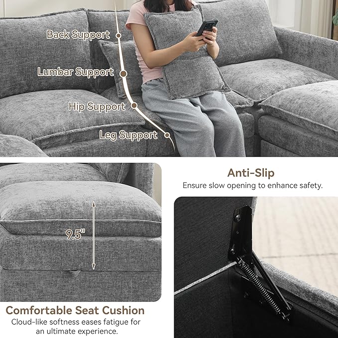 55" Cloud Modular Loveseat Sofa with Storage, Modern Upholstered Sofa Couch Small Love Seat，2 Seater Chenille Comfy Sectional Sofa with Armrests for Living Room, Small Space, Light Grey
