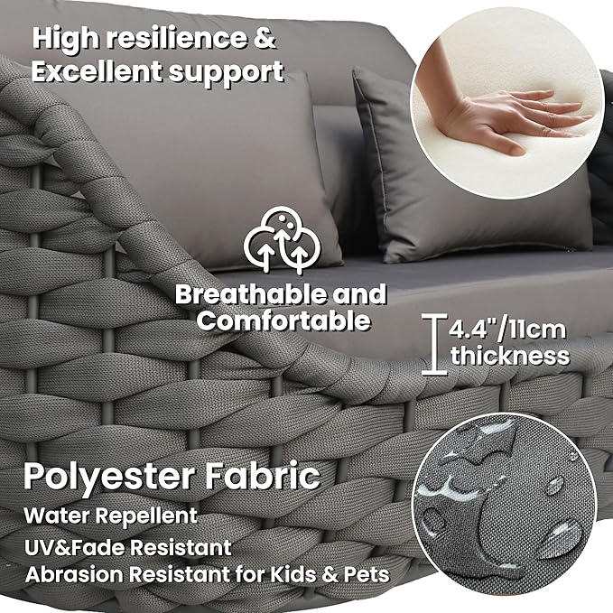Patio Loveseat with Table: Aluminum Hand Woven Rope 2 Piece Patio Furniture Set - Cushioned Outdoor Seating Set - Modern Metal Lounge Set Assembled for Porch Balcony Deck Garden Hotel, Dark Grey
