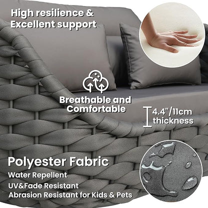 Patio Loveseat with Table: Aluminum Hand Woven Rope 2 Piece Patio Furniture Set - Cushioned Outdoor Seating Set - Modern Metal Lounge Set Assembled for Porch Balcony Deck Garden Hotel, Dark Grey