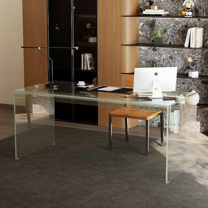 53.14" Modern Tempered Glass Executive Desk with Drawer, Black Wood Finish and Tempered Glass Legs – Minimalist Stylish Workstation Table for Home Office (Transparent Glass Desk)