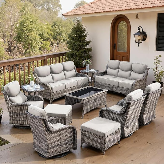 Belord Luxury 6" Thick Cushioned 11 Pieces Patio Furniture Set with Outdoor Couch, Wicker Outdoor Conversation Set with High Back Swivel Rocker Chairs for Deck Porch Yard and Poolside - Grey+Beige