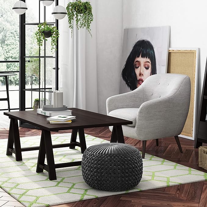 SIMPLIHOME Renee Boho Round Pouf in Slate Grey Velvet Fabric for the Living Room, Bedroom and Kids Room