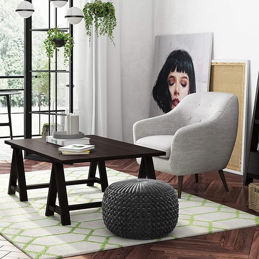 SIMPLIHOME Renee Boho Round Pouf in Slate Grey Velvet Fabric for the Living Room, Bedroom and Kids Room