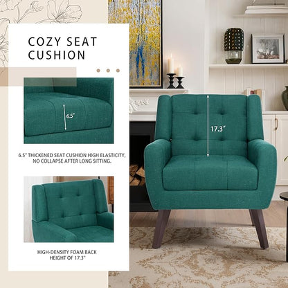 Accent Chairs Set of 2, Mid-Century Modern Upholstered Armchair, Comfy Fabric Living Room Chairs Reading Chairs with Button Tufted Back & Solid Wood Legs for Bedroom, Office, Light Blue