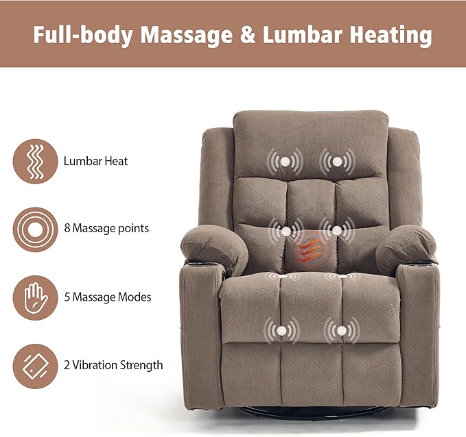 Swivel Rocker Recliner Chair for Adults with Massage and Heat, Cup Holders and Side Pockets, Glider Rocking Reclining Single Sofa Chair for Living Room (Coffee)