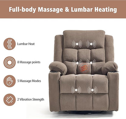 Swivel Rocker Recliner Chair for Adults with Massage and Heat, Cup Holders and Side Pockets, Glider Rocking Reclining Single Sofa Chair for Living Room (Coffee)