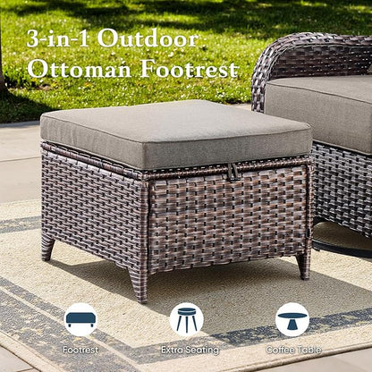 Belord Luxury 6" Thick Cushioned 6 Pieces Patio Furniture Set with Outdoor Couch, Wicker Outdoor Conversation Set with High Back Swivel Rocker Chairs for Deck Porch Yard and Poolside - Brown+Grey