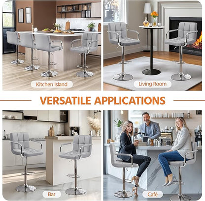 Yaheetech Bar Stools Set of 2, PU Leather Adjustable Swivel Barstools, Hydraulic Kitchen Counter Height Bar Chairs with Armrest and Back for Kitchen, Dining Room, Light Grey