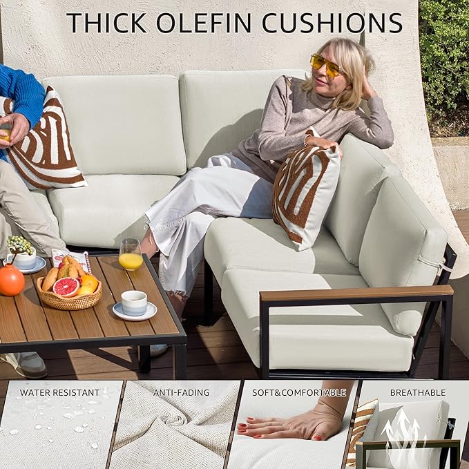NATURAL EXPRESSIONS 6 Pieces Patio Furniture Set,Outdoor Couch Sofa with Thick Olefin Cushions,Fauxwood Armrest and Tabletop,Ergonomic Highback Frame,Outdoor Sectional Furniture for Backyard,Deck