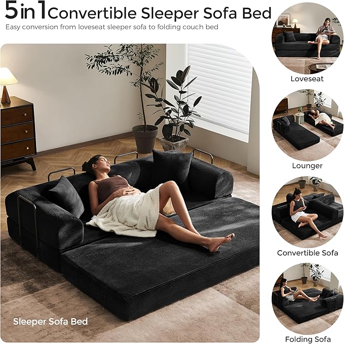 79" Convertible Sofa Bed with Fixed-Shape Frame & Removable Armrests, Modular Corduroy Sleeper Sofa, Folding Mattress Couch for Small Spaces - No Assembly Needed in Black (Includes 2 Pillows)