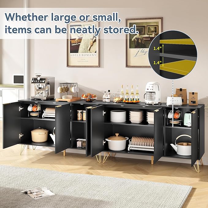 Fluted Buffet Cabinet,Wooden Console Storage with 3 Doors and Adjustable Shelves,Black Sideboard for Entryway,Kitchen,Bathroom,Home Office