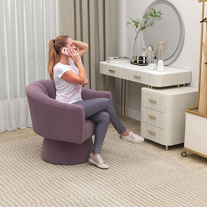 Swivel Accent Chair,Upholstered Velvet 360° Swivel Barrel Chair for Living Room Overstuffed Bouncle Reading Chair Round Armchair for Bedroom,Vanity,Office(Purple)