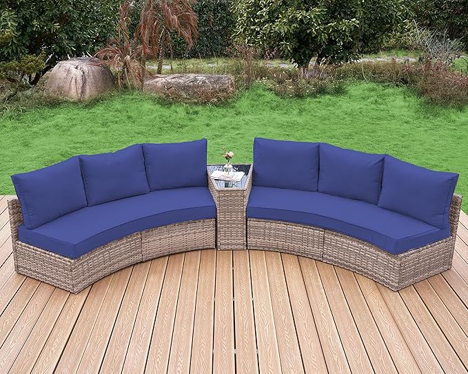 Patio Furniture Sets, 6 Piece Half-Moon Sectional Round Sofa Set, Outdoor Patio Furniture with Cushions for Beach, Pool, Balcony, Blue