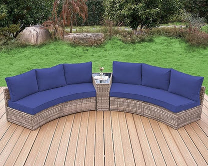 Patio Furniture Sets, 6 Piece Half-Moon Sectional Round Sofa Set, Outdoor Patio Furniture with Cushions for Beach, Pool, Balcony, Blue