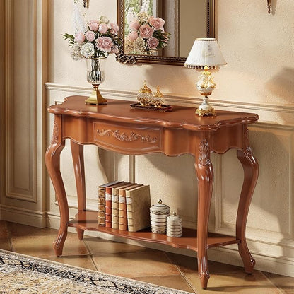 Tribesigns 47.2-Inch Console Table with Solid Wood Veneer, Mid-Century Modern Entryway Table with Shelves, Victorian Furniture for Living Room, Hallway, Entrance, Foyer (Walnut)