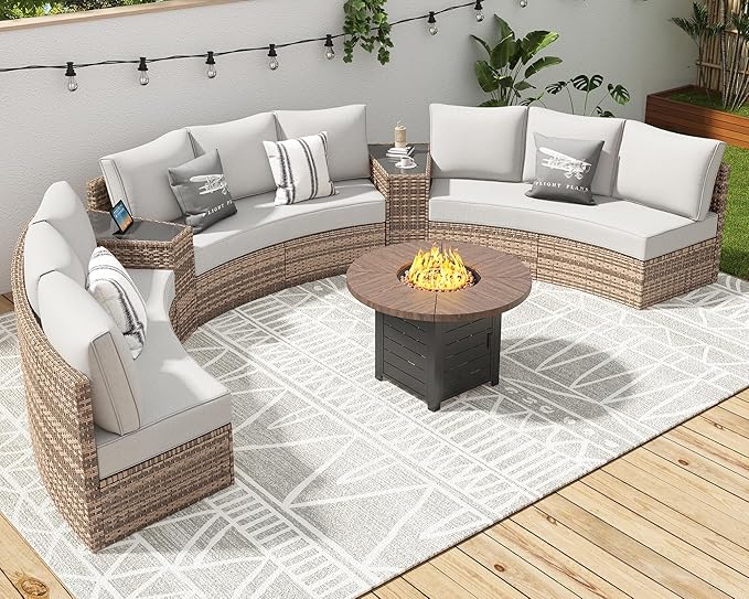 Patio Furniture Sets, 3 Piece Half-Moon Sectional Round Sofa Set, Outdoor Patio Furniture with Cushions for Beach, Pool, Balcony, Beige