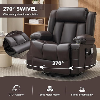 Power Swivel Rocker Recliner Chair with Heat and Massage, USB and Type-C Charging Port, Electric Glider Rocking Chairs, Oversized Recliner Chairs for Adults(Leather, Dark Brown)