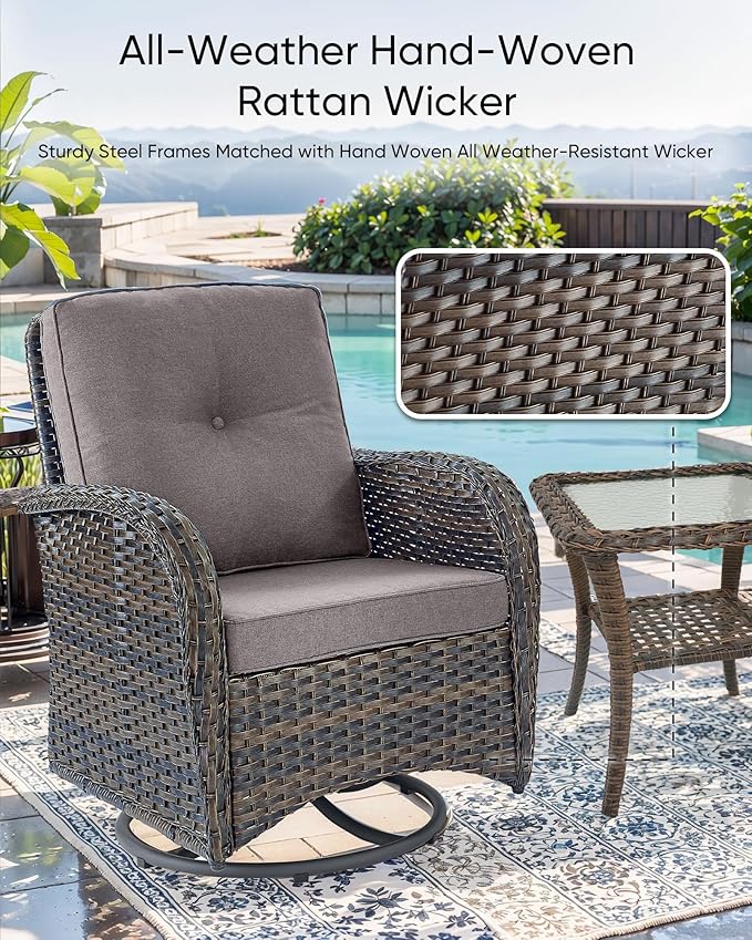 HUMMUH 7-Piece Patio Furniture Set with Fire Pit,Wicker Patio Glider Loveseat Outdoor Swivel Rocker Chairs with Ottomans for Backyard,Poolside,Deck