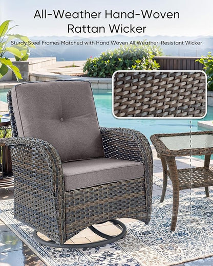 HUMMUH 7-Piece Patio Furniture Set with Fire Pit,Wicker Patio Glider Loveseat Outdoor Swivel Rocker Chairs with Ottomans for Backyard,Poolside,Deck