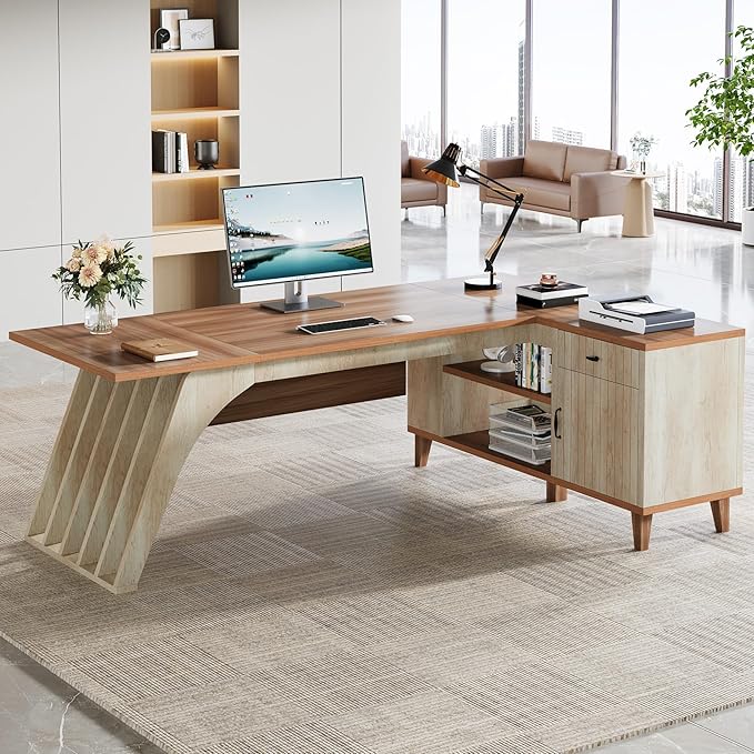Tribesigns 78" Large L-Shaped Executive Desk, Modern Office Desk with Lateral File Cabinet and Drawer, Home Business Computer Workstation Set with Storage Shelves, Walnut & Oak