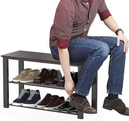 Simple Houseware Wood Top Shoe Storage Bench for Entryway, Dark Brown