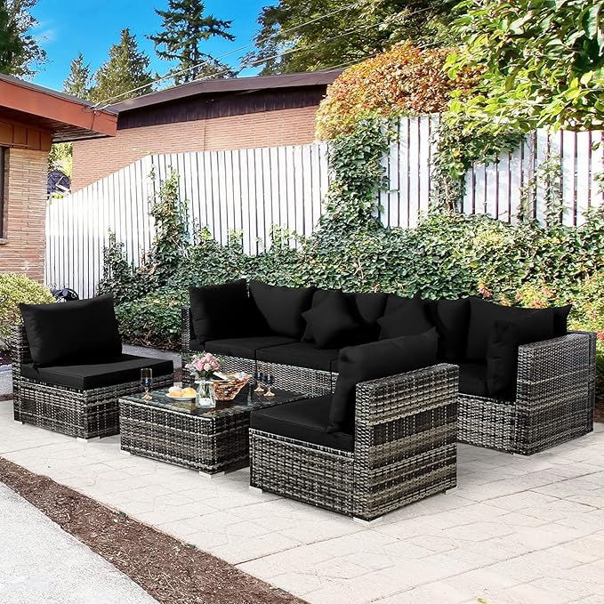 Tangkula 7 Pieces Patio Rattan Furniture Set, Patiojoy Outdoor Conversation Set with Cushions and Tempered Glass Coffee Table, All-Weather Sectional Sofa Set for Garden, Lawn, Backyard (Black)