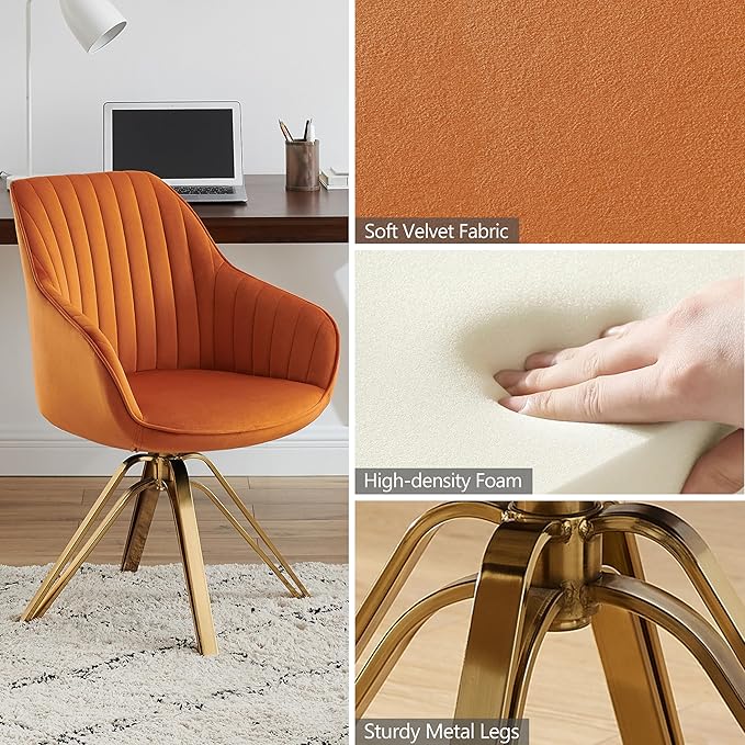 Zouron Mid Century Modern Swivel Accent Chair with Gold Metal Legs, Upholstered Swivel Chair No Wheels, Side Accent Arm Chair Vanity Chair for Small Space Home Office Living Room Bedroom, Cinnamon