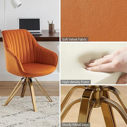 Zouron Mid Century Modern Swivel Accent Chair with Gold Metal Legs, Upholstered Swivel Chair No Wheels, Side Accent Arm Chair Vanity Chair for Small Space Home Office Living Room Bedroom, Cinnamon
