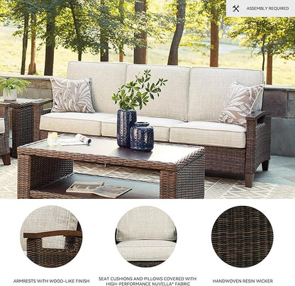 Signature Design by Ashley Paradise Trail Outdoor Patio Sofa with Cushion and 2 Throw Pillows, Cleanable Performance Fabric, Resin Wicker, Brown & Beige