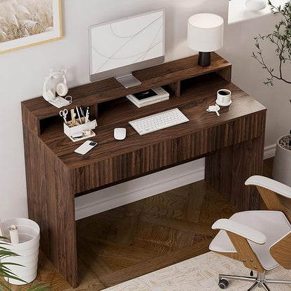 47" Executive Desk with Fluted Drawer, Modern Home Office Desk with Long Monitor Stand and 2 Drawers, Computer Writing Desk for Study Office Vanity, Brown