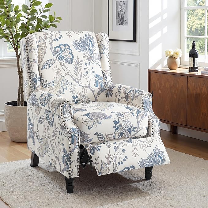 Pushback Recliner Chair, Floral Fabric Wingback Recliner Chair, Upholstered Armchair Push Back Recliner, Rivet Trim Single Sofa Accent Chair with Wood Legs for Living Room, Plants Blue