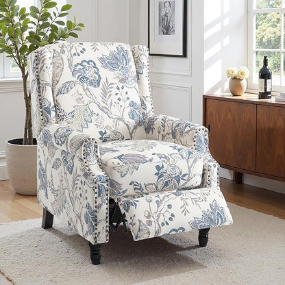 Pushback Recliner Chair Set of 2, Floral Fabric Wingback Recliner Chair, Upholstered Armchair Push Back Recliner, Rivet Trim Single Sofa Accent Chair with Wood Legs for Living Room, Plants Blue