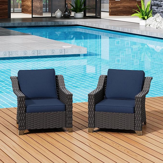 Patio 2 Pieces Wicker Chairs Set of 2，Outdoor PE Rattan Armchairs, Water-Resistant Cushions with Removable and Washable Covers, Porch, Balcony, Sunroom (Navy Blue)