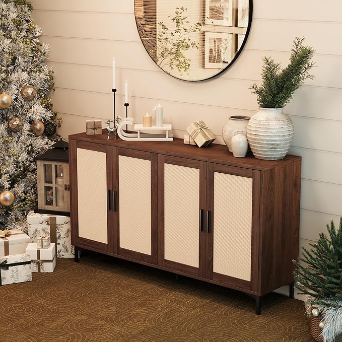JASIWAY Sideboard - Kitchen Buffet Cabinet with Rattan Decorated Doors, Accent Sideboard Cabinet with Doors, Coffee Bar Cabinets Rattan Buffet Cabinets with Storage